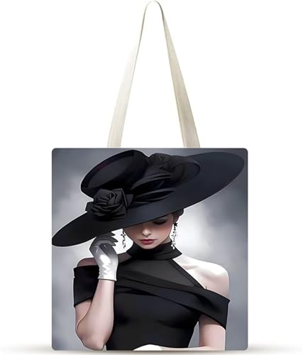 Mujer de sombrero negro Bolsa de Lona 38x34cm Tote Bag sin Cremallera,juego de 1 Canvas Tote Bags para Mujer,Bolsa de Compras Plegable,Bolso de Mano Lavable para Compras,Trabajo,Vida Cotidiana,Viajes