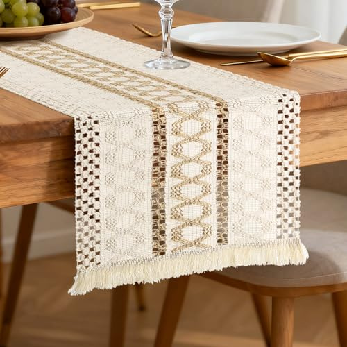 Segus Camino de Mesa con Borlas, 30x160cm Camino de Mesa Beige Bohemio, Macramé Mezcla de Algodón y Lino, Lavable, para Boda, Cocina, Fiesta
