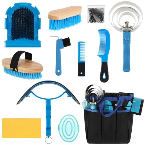 Abbylike Pferdepflegeset mit Organizer, Tragetasche, Putzzubehör, Pferdebürsten-Set, Pferdepflege, Reinigungsset, Fellpflege, Massagewerkzeuge (blau), 12-teilig