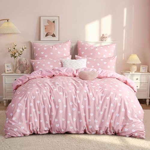 RUIKASI Bettwäsche 220x240 Baumwolle 3 teilig Rosa - Baumwollbettwäsche 220 x 240 mit Herzen Muster, Bettbezug Set 240x220 Cotton mit Reißverschluss
