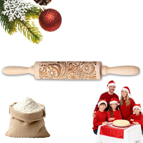 JURENEE Mattarello Natalizio, Mattarello Biscotti Natale, Fai da te con Matarello Inciso, Semplice da Usare, con Disegni Chiari e Accattivanti, Adatto per Preparare Biscotti e Pasticcini