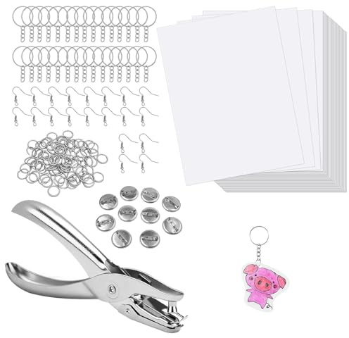 Frypay 181 Stück Schrumpffolie Set, 20 Blatt Schrumpfpapier mit Schlüsselanhänger Kugelkette und Locher, Schrumpfende Plastikfolie Schrumpffolie für Schlüsselanhänger, Anhänger, Ornamente Basteln