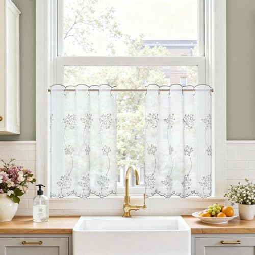 TOPICK Scheibengardine Bistrogardine 2er Set Gardinenschals H60xB65 Grau | Lichtdurchlässig Küchengardinen für Küche modern Kurzgardine Wohnzimmer Küchenfenster Fensterschal Landhausstil Küchevorhänge
