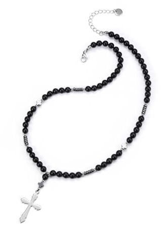 PiercingJak Perlenkette mit Kreuz Anhänger Herren Frauen Halskette | Tigerauge / Schwarz Achat + Hämatit Steine Kette Heilsteine Halskette Christliche Religiöse Schmuck Spirituelle Geschenke