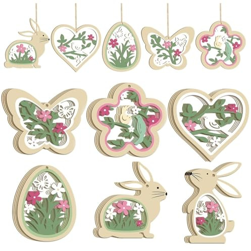 Guidre 24 ciondoli in legno per Pasqua, decorazione di primavera, fai da te, uova di Pasqua da appendere, farfalle, conigli, fiori