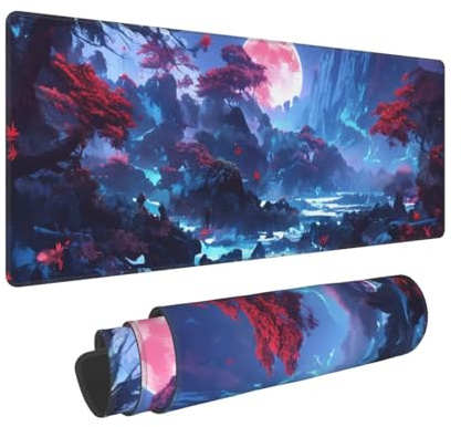 Alfombrilla Ratón XXL Gaming 1400x600x3mm, Grande Alfombrilla Ratón Azul Patrón Mouse Pad Gaming, Tapete Rato Bosque Impermeable y Antideslizante Base de Goma para Decoracion Escritorio Hogares 0E-576