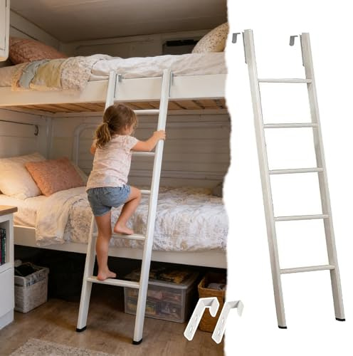 Scaletta Letto a Castello Scala Letto Castello Bambini Adulti, Camper - Scala Uscita per Soppalco con Interni Bianchi, Piedini Antiscivolo Gancio, Gradino Corto Metallo Personalizzabile(150cm/59)