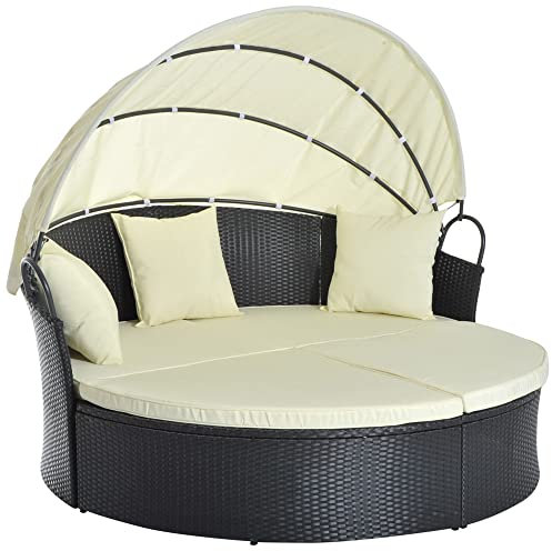 Outsunny Lit canapé de Jardin modulable Grand Confort Pare-Soleil Pliable intégré 4 Coussins 3 oreillers 171L x 180l x 155H cm métal résine tressée Polyester Noir Beige