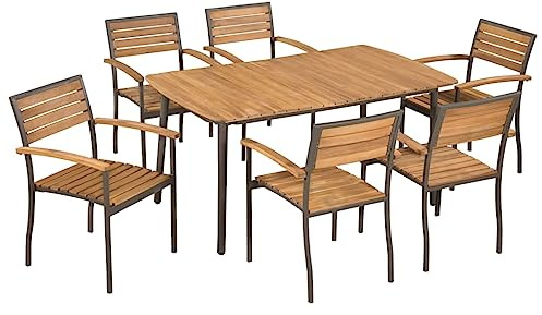 vidaXL Terrassentisch und Stuhl 7-teilig, Esstisch und Stühle mit Stahlbeinen, Gartenmöbel-Set für Garten, Balkon, massives Akazienholz und Stahl