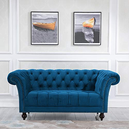 happybeds 2 Seater Fabric Sofa, Chester Blue Fabric Sofa Couch