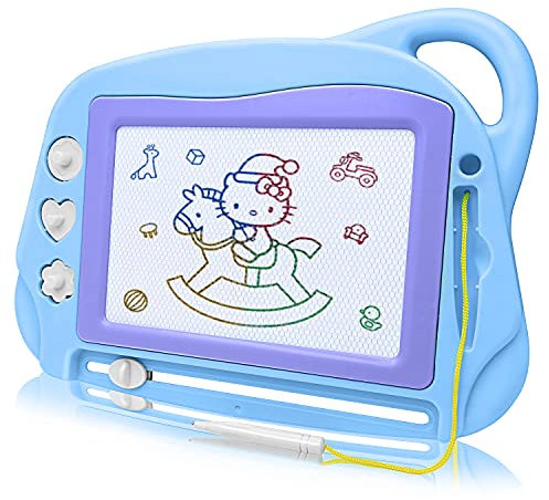 Lavagna Magnetica per Bambini, 4 Colori Colorati Lavagnetta Magica Portatile Cancellabile con 3 Timbri Magnetici e 1 Penna-Giocattoli da Disegno Dimensioni da Viaggio per Bambini 3 4 5 Anni- Blu