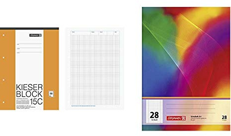 Brunnen 1042925 KIESER-Block Lineatur 22 (A4, 50 Blatt, kariert, 80 g/m², gelocht) & 104492802 Schulheft A4 (16 Blatt, 5 mm kariert, mit Rand, Lineatur 28)