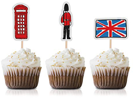 London Cupcake Toppers Picks, 24-Pack Baby Shower Or Birthday British UK Party Supply Decorations