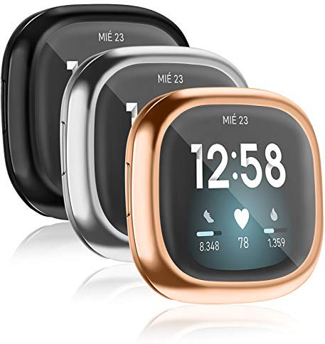 Vancle 3-Stück Hülle Kompatibel mit Fitbit Sense/Versa 3 Schutzhülle Schutzfolie, Weiche TPU Schutzfolie Vollschutz Display Schutz Hülle für Sense/Versa 3 NUR (Schwarz/Rosegold/Silber)
