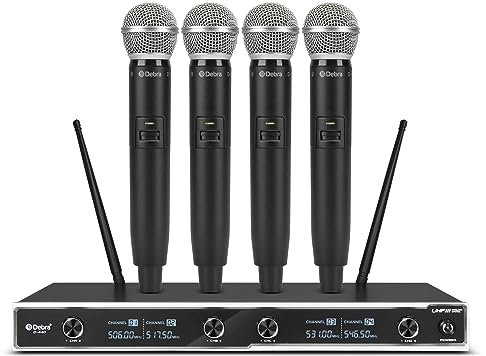 D Debra D-440 UHF 4-Channel Wireless Microphone System with 4 Cordless Handheld Mics, Perfect for Karaoke, Weddings, Churches, Stages, DJs & Outdoor Events, 300 Ft Range (4 Mics)