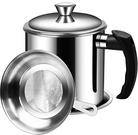 Pinsheng 1,3 L Ölsieb Topf Fettbehälter, Edelstahl Ölvorrat Dosenbehälter mit feinmaschigem Sieb & staubdichtem Deckel Geeignet zum Aufbewahren von Frittieröl und Speisefett
