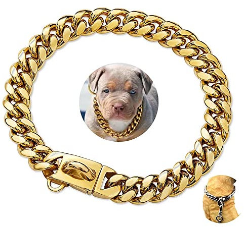 Starke kettenhalsband hund Hundehalsbänder aus Edelstahl 14MM, Trainingshalsband mit kubanischer Gliederkette, Hundekette Gehhalsband für kleine, mittelgroße und große Hunde,Gold,24 inches/61cm