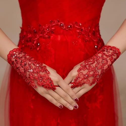 PTNKUIIY Hochzeit Braut Handschuhe, Spitzen Handschuhe Damen Fingerlose Brauthandschuhe Blumen Mädchenhandschuhe Vintage Abendhandschuhe Opera Fest Party Handschuhe Braut Hochzeit Accessoires,Rot