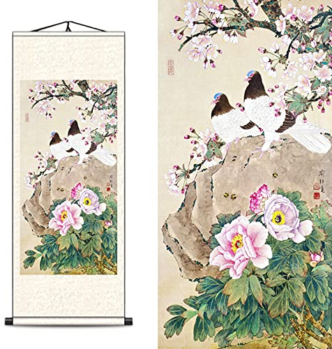 FOVNOT Orientalische Deko, Asiatische Pfingstrose Blumen Deko Schriftrolle Zum Beschreibenwanddeko, Schön Wand Deko Wanddeko Schlafzimmer Wall Decoration Wohnzimmer Wandbehang Deko Wand Wandtuch