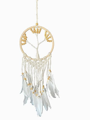 TRINTURA Traumfänger Weiss Baum des Lebens 16cm weiß beige Dreamcatcher Tree of Life Boho Dreamcatcher handgefertigt gewebte Feder Wandbehang Handgemachte Traumfänger Quasten Dekoration Ornament