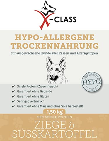 X-CLASS Hypo-Allergene Trockennahrung Ziege & Süßkartoffel, Alleinfuttermittel für ausgewachsene, allergische und ernährungssensible Hunde, 1,5kg