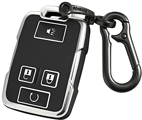 Kirsnda for GMC key fob cover case with Metal buckle,Soft TPU key Shell/skin,4-Buttons fit chevy Colorado Silverado Suburban Tahoe Silverado Remote Key Vehicle Accessories(black silver)