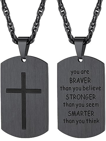 Richsteel Herren Military Plaque Kreuz Halskette Gravierter Anhänger BRAVER Dog Tag Halskette aus Edelstahl mit Kette Personalisierter Schmuck Geschenk für Männer Jungen Schwarz