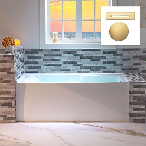 WOODBRIDGE 60 Acrylic Rectangular Alcove Soaking Bathtub in White with Right Drain, Brushed Gold Pop-Up Drain Included BA6030R