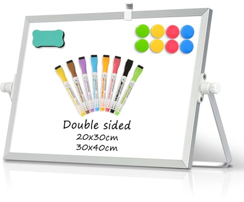 DOLLAR BOSS Magnetic Desktop Whiteboard 20x30cm Double Sided Dry Erase Small White Board with Stand, A4 Mini Whiteboard 8 Pens, 1 Eraser, for Home Office, Back to School Supplies