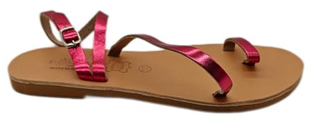 39 Fushia Métallisé Emmanuela Sandales en Cuir Plats à la Main Grecs, Chaussures d'été Femmes avec Ceinture à Boucle Réglable, Sandales à Lanières à Orteaux et de Brassards à la Cheville