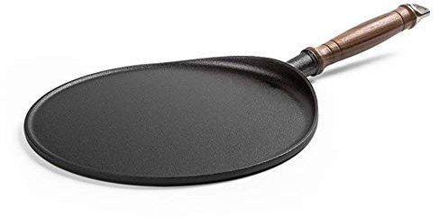 Padella per Crepes in ghisa Pre-condita con Manico in Noce, per Bistecca, Pizza, Adatta a Tutti i Piani Cottura compresi quelli a induzione, Padella Nera Interesting