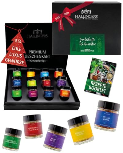 Hallingers Genuss Manufaktur Gewürz Weihnachts-Geschenk-Set - 12 Gewürze aus aller Welt in wertiger Geschenkbox mit Rezept-Booklet Zauberhafte Wei..., Weihnachten für Frauen Männer