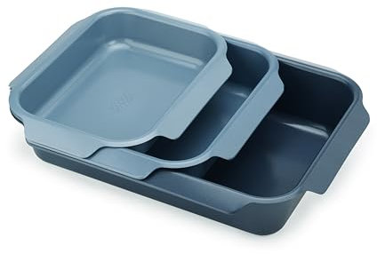 Joseph Joseph Nest 3er stapelbare Backblech Set, Fettpfanne für Braten aus Karbonstahl mit Antihaftbeschichtung, leicht zu ziehende Griffe,organisierte Aufbewahrung in der Küche, 41cmx30cmx9,6cm, Blau