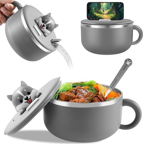 Fyeme Bol à nouilles instantanées en acier inoxydable - 1200 ml - Bol à ramen instantané avec couvercle et fourchette - Sceau d'isolation thermique pour soupe, pâtes, boulettes, salades (gris)