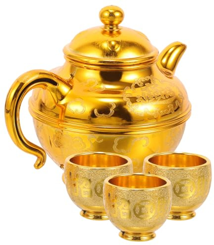 MAGICLULU Juego de tetera de café turco: juego de té dorado con 3 tazas de café, hervidor de agua, decantador de vino, tetera árabe, jarra de leche, taza budista, cálices