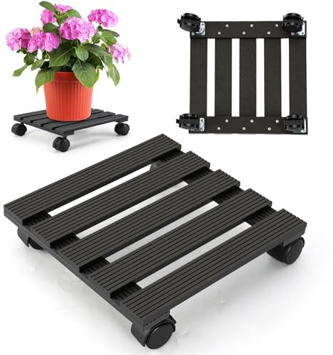 Ikodm 1X WPC Pflanzenroller Eckig 30 x 30 cm｜Blumenroller mit Rollen, Rolluntersetzer Tragkraft 80 kg｜Kübelroller für den Innen- und Außenbereich｜Rollbrett für Pflanzen, Blumentopf (Anthrazit)