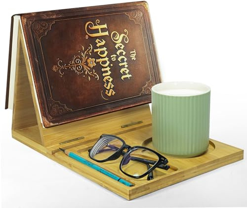 ZenRich Buchständer aus Bambus und Holz für Seitenablage, einzigartiger Bucheckendiener mit Tasse, Brille & Stift/Tablet/Kindle-Halter, faltbares Lesezeichen, ideal für Buchliebhaber