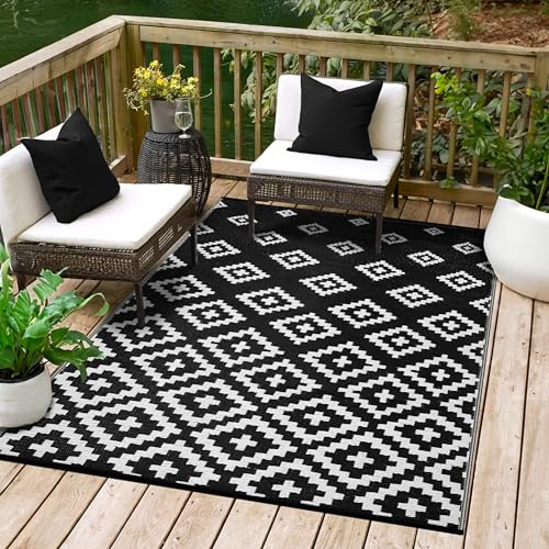Green Decore Alfombras reversibles de plástico reciclado para exteriores, perfectas para jardín, patio, pícnic, terrazas, resistentes a las manchas y al agua, color negro y blanco, 120 x 180 cm