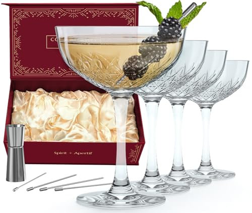 SPIRITIF Juego de 4 vasos Coupé, incluye medidor y 4 palillos de cóctel para una experiencia elegante de cristalería. Estilo vintage, estilo antiguo. Vidrio de cristal cortado de 7 onzas. Para