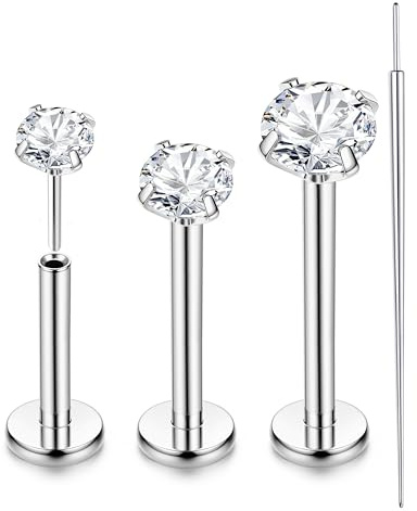 Chriscoco 3er Set 20G G23 Titan Silber Labret Nasen Piercings Stecker 2/3/4MM CZ Piercings 6/8/10MM