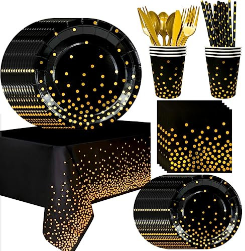 Nere e Dorate Stoviglie per Feste, 24 Ospiti Stoviglie Carta Set Include Piatti di Carta Tazze Tovaglioli e Tovaglia etc Nero e Oro Stoviglie per Feste, per Matrimonio, Compleanno