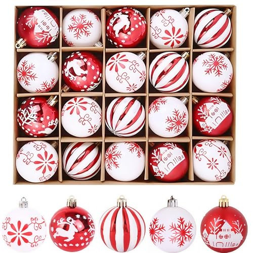 MHwan 20pcs Beautifully Painted Baubles, Shatterproof and Durable, Sparkling Christmas Decorations, 6cm Red and White Plastic Christmas Baubles
