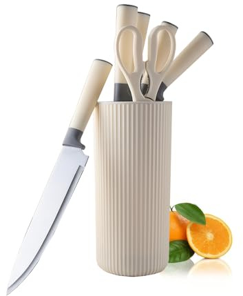 Messerblock mit Messer, 7-teiliges Küchenmesser Set mit Messerblock, Scharf Edelstahl Messerset für den Küchengebrauch Hacken von Fleisch, Gemüse (Beige Grau)