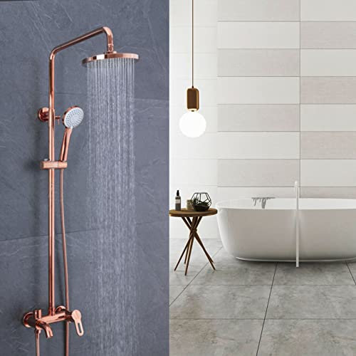 TATITZRO Aufputz-Duscharmatur-Set, Badewannen-Duscharmatur, Regenduschkopf mit Handbrause, Wannenauslauf, Einhebel-Duschmischbatterie, Luxus-Duschsystem zur Wandmontage, Roségold (Roségold)