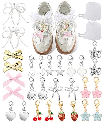 Yawlsow 30 Pcs Shoe Charms for Sneakers Junk Charm for Women with Ribbon Lace Shoelaces, Clips, Lobster Clasps, Pins, Bows, Pearl Charms Accessories Bulk for Bag Hat Fashion