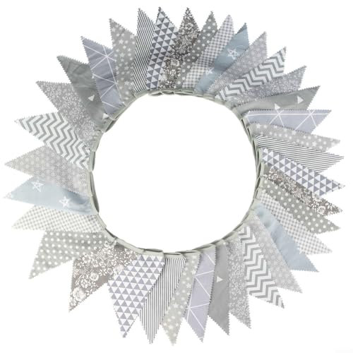 Dekorative Wimpelkette aus Baumwolle im Vintage-Blumen-Stil, Länge von 90 cm, mit vielen Wimpeln (grau)