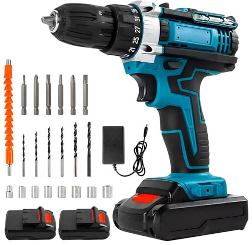 Anluomania Taladro Atornillador Batería 21V, Taladro Percutor a Bateria 45Nm, Atornillador Electrico de 2 Velocidades, Destornillador Electrico, 25+3 Ajuste de Par, LED Luz Para Hogar, Para Hogar, Bri