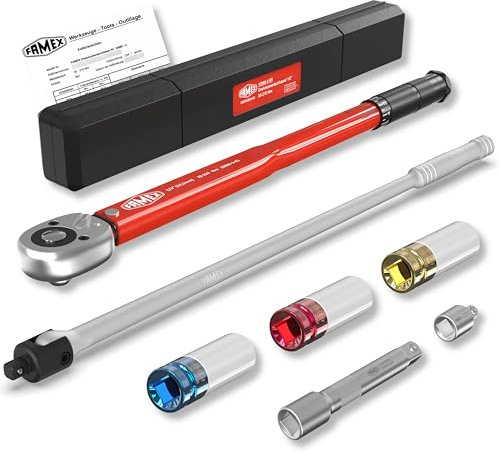 FAMEX 10914 Jeu de clés dynamométriques 1/2 (12,5 mm) 30-210 Nm pour changement de pneus – Avec 3 douilles et clé articulée très résistante de 60 cm 630 Nm, rallonge, kit de changement de roue