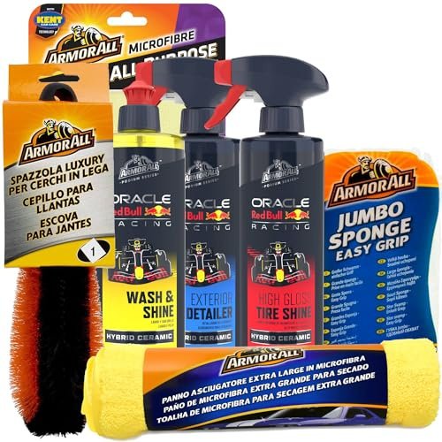 Armor All Kit Limpieza Exterior Coche, Pack 7 Productos Profesionales, Champú y Cera SiO2, Detallador, Esponja, Toalla Secado, Paño Cristales, Cepillo Llantas y Más, Acabado Brillante y Duradero