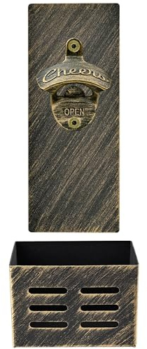 Luwanburg Vintage Brass Magnetic Bottle Opener Wall Mounted with Cap Catcher, Unique Cheers Beer Top Opener and Cap Collector for Cooler Fridge